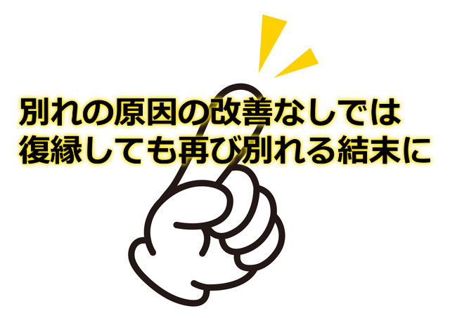 人差し指のイラストと「別れの原因の改善なしでは」などの文字