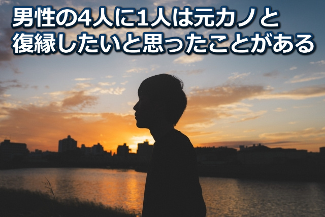 黄昏ている男性の姿と「男性の4人に1人は元カノと復縁したいと思ったことがある」の文字