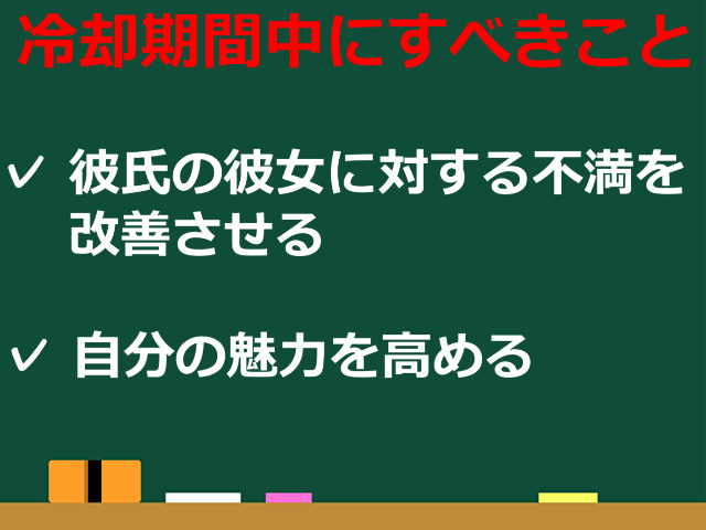 黒板のイラストに「冷却期間中にすべきこと」「彼氏の彼女に対する不満を改善させる」「自分の魅力を高める」の文字