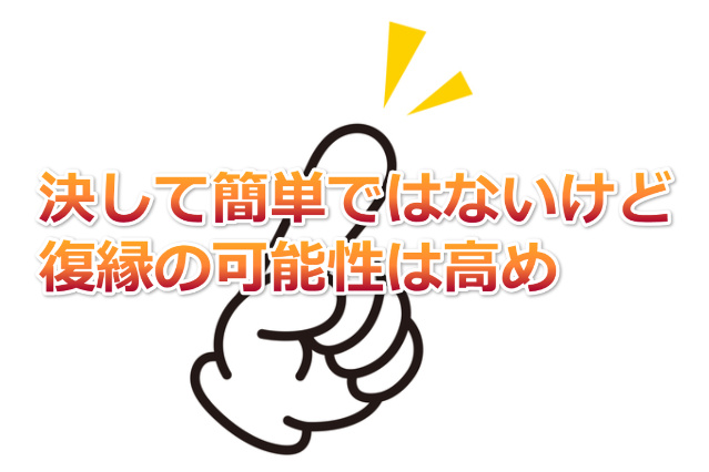 人差し指と「決して簡単ではないけど復縁の可能性は高め」の文字