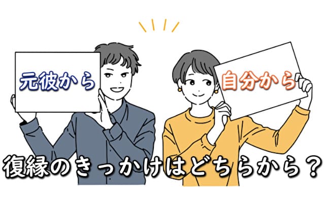 「元彼から」と書かれたボードを持つ男性と「自分から」と書かれたボードを持つ女性のイラスト